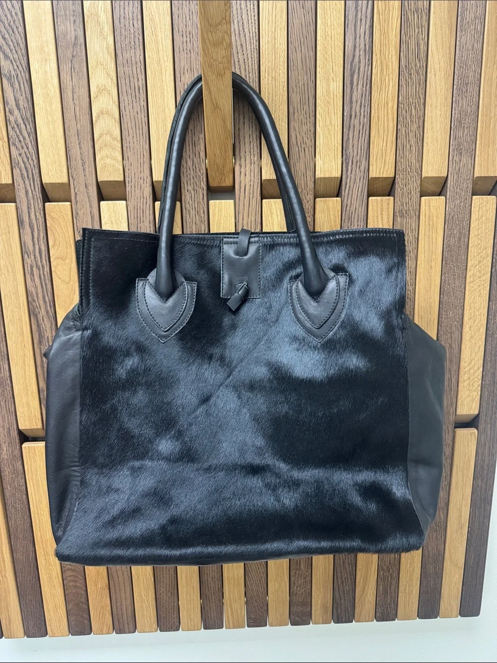 Let & Her Large Black Calfskin & Leather Large Satchel Bag